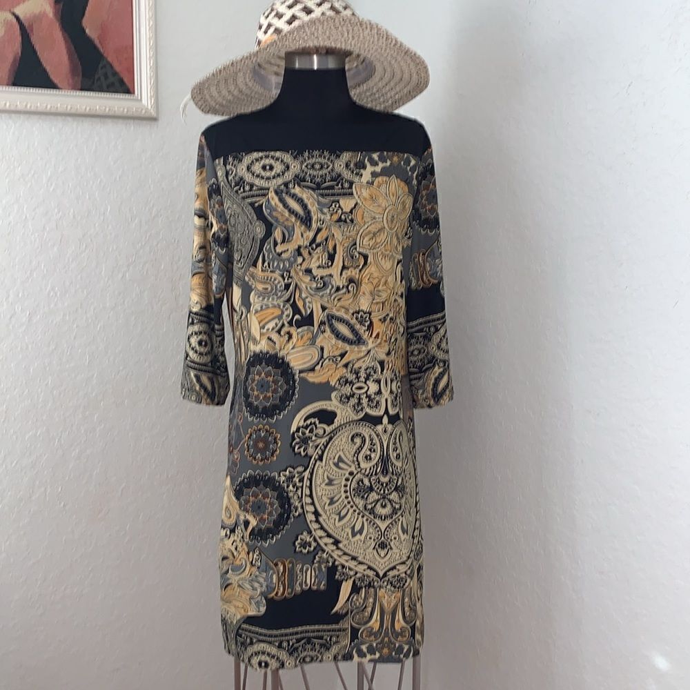 Forever Paisley Boat Necklace 3/4 Sleeve Dress Size L